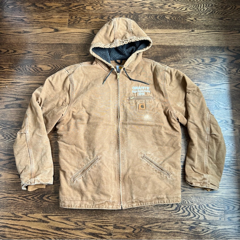 Vintage Carhartt Duck Utility Workwear Sherpa Lined Interior Zip Hooded Jacket